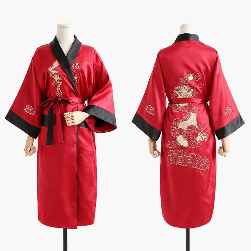 Novelty Reversible Black Red Women Kimono Yukata Satin Embroidery Dragon Nightgown One Size Robe Gown Two Side Sleepwear C251115