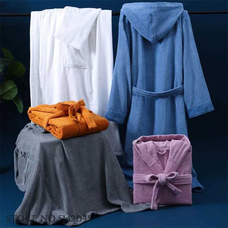 100 Cotton Sleepwear Autumn Winter Thicken Terry Towel Couple Bathrobe Kimono Gown Long Hooded Robe Loungewear Loose Home Dress C251115