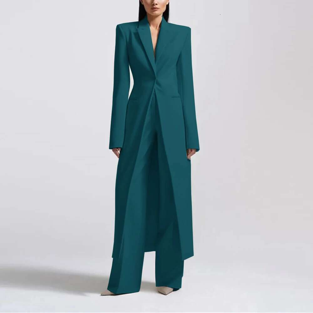 Fashion Beige Women's Blazer Pantssuit Peak Lapel Long Coat Wedding Formal Suits Office Lady Jacket Pant 2 Piece