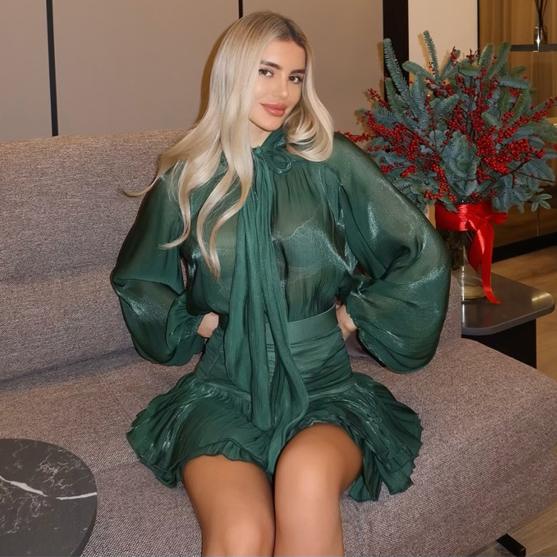 2025 New free shipping designer dresses for womens casual dresses sliver khaki green Summer new Bow tie top high waisted pleated skirt