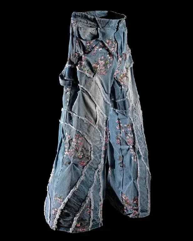 Gothic Harajuku cherry blossom embroidery hole retro blue jeans for women Y2K new Harajuku hip-hop casual clown wide leg pants X250415