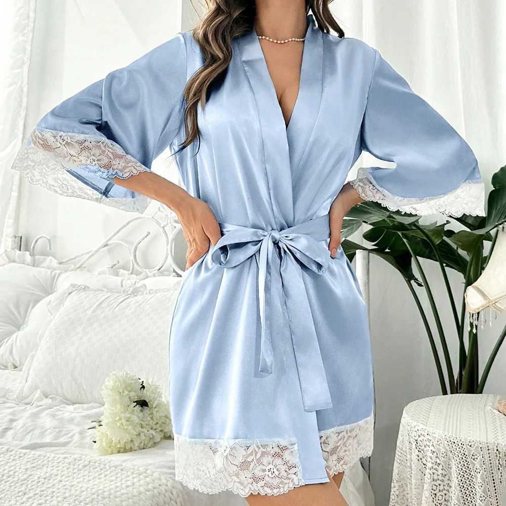 2025 New Ladies Elegant Satin Robe Lace Trim Kimono Short Sleepwear Nightgown V Neck Belted Bridal Loungewear Bridesmaid Gift C251115