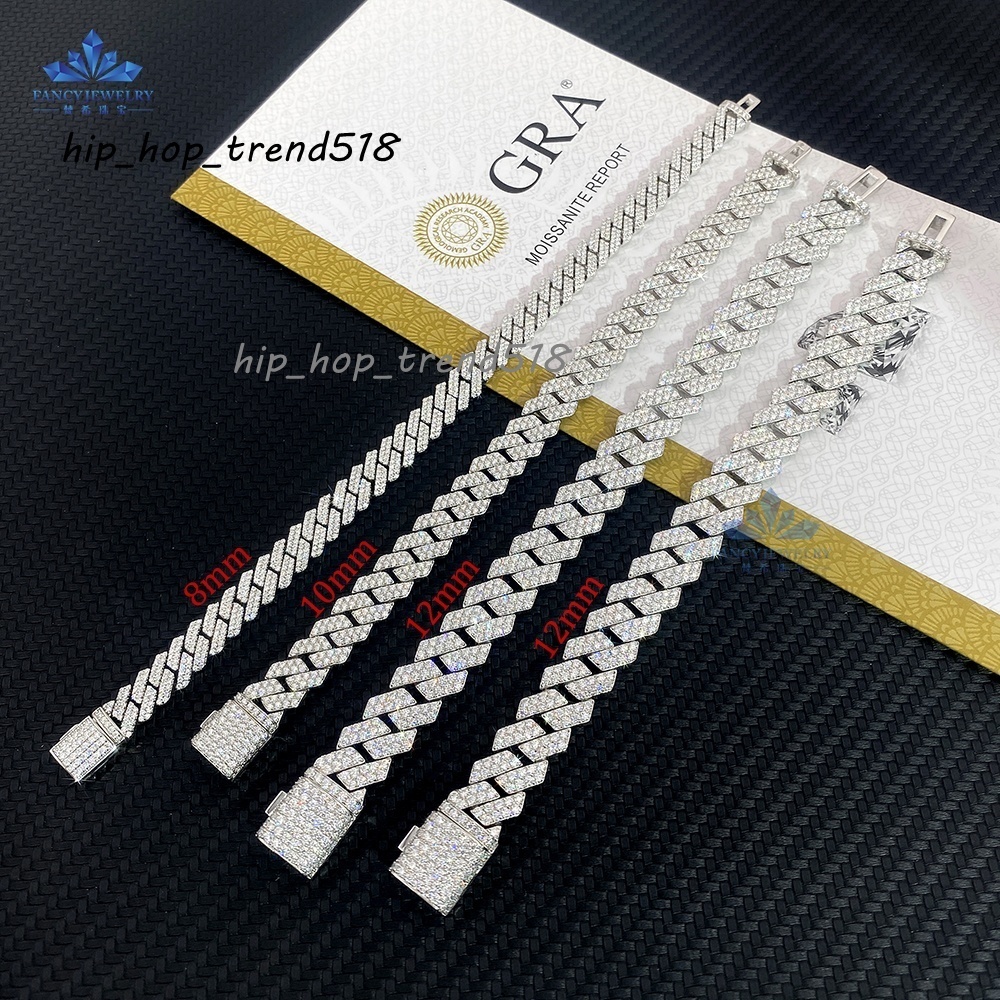 925 Silver Moissanite Cuban Chain Bracelet 8mm-12mm Pass Diamond Tester Ice Out Hiphop Style Two Rows Cuban Link Bracelet