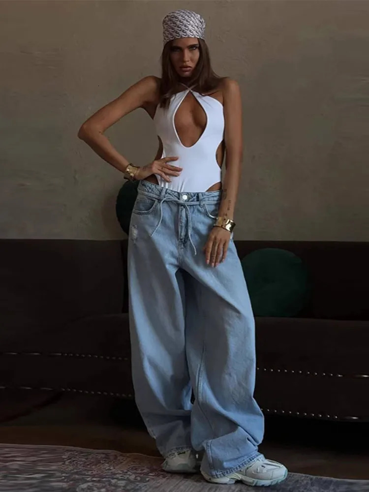 Light blue lace elastic low rise womens jeans loose fit wide legs drag and drop full-length denim pants summer Trouser 250415