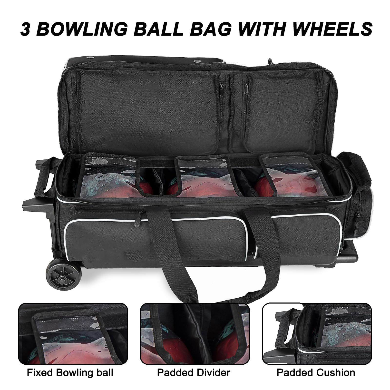 3 Bowling Ball Bag With Wheels - Rolling Bag for Balls & Accessories - Retractable Handle Extends to 38"