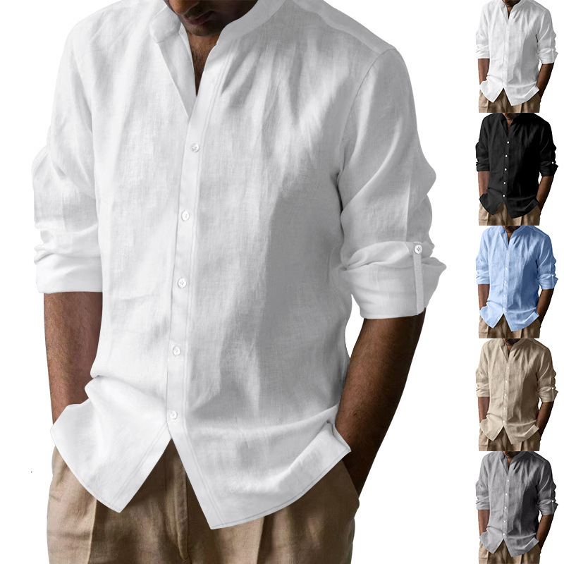 2025 linen shirt men's long sleeved stand up breathable collar casual Chinese Henry top men