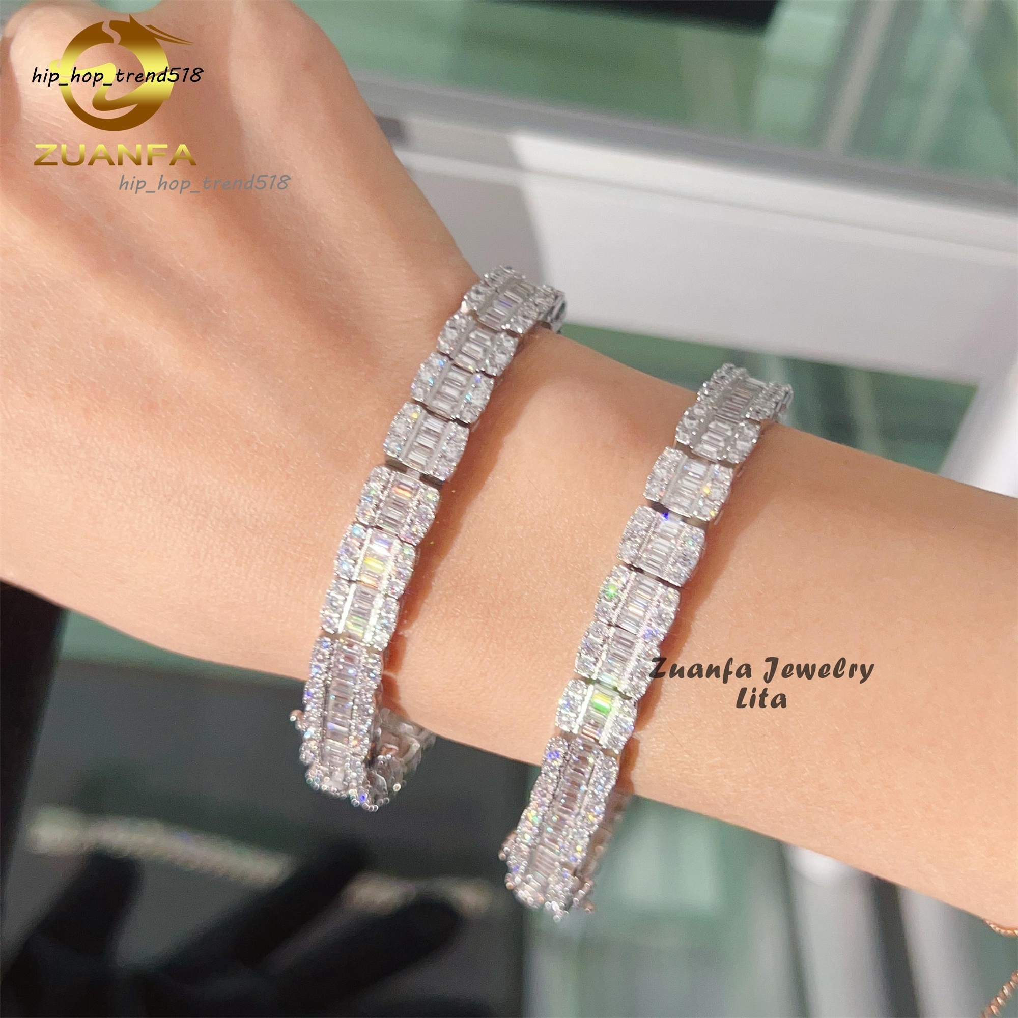 Luxury Design Baguette Diamond Hip Hop 8MM Moissanite Tennis Chain 925 Silver Cuban Link Chain Bracelet