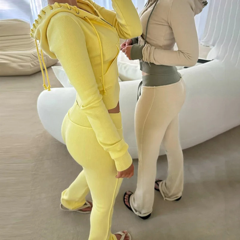 Hoodie Jackets Womens Two Piece Pant Sets Joggers Outfits Tracksuits Winter Bodycon Elegant Bandage Patchwork Hoodie Coat 250410