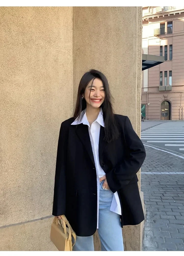Womens black suit jacket long sleeved jacket Korean fashion back part style jacket womens loose jacket 250415