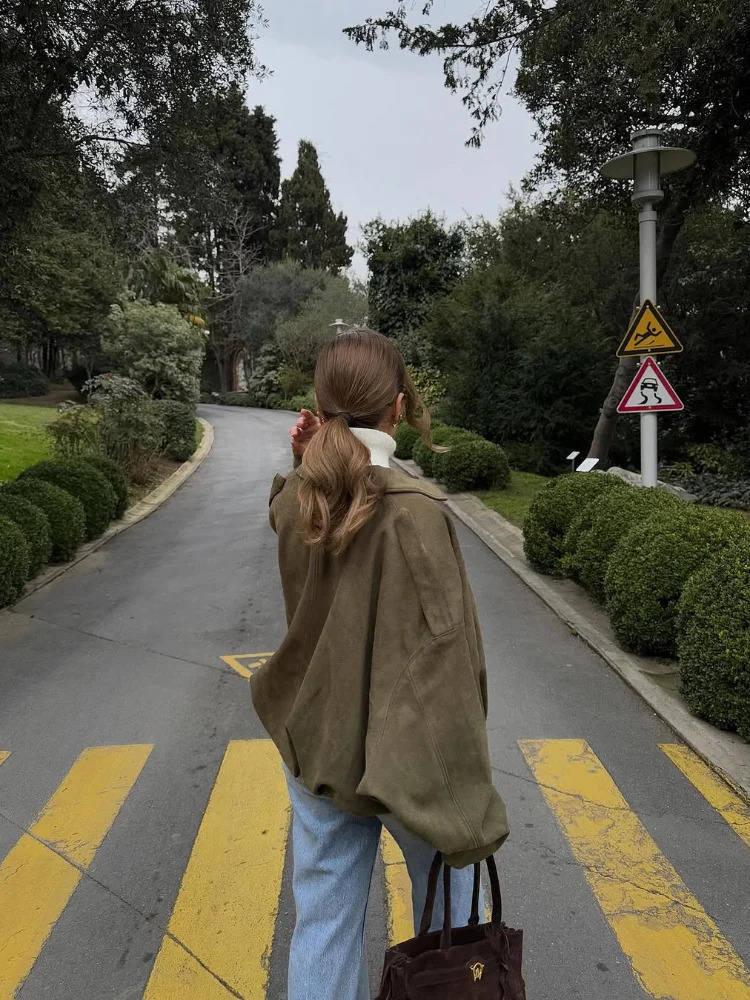 Chic Womens Green Suede Jacke Fashion Loose Long Sleeve Laple Zipper Bomber Jackets 2025 Spring Ladies High Street Clothing 250411