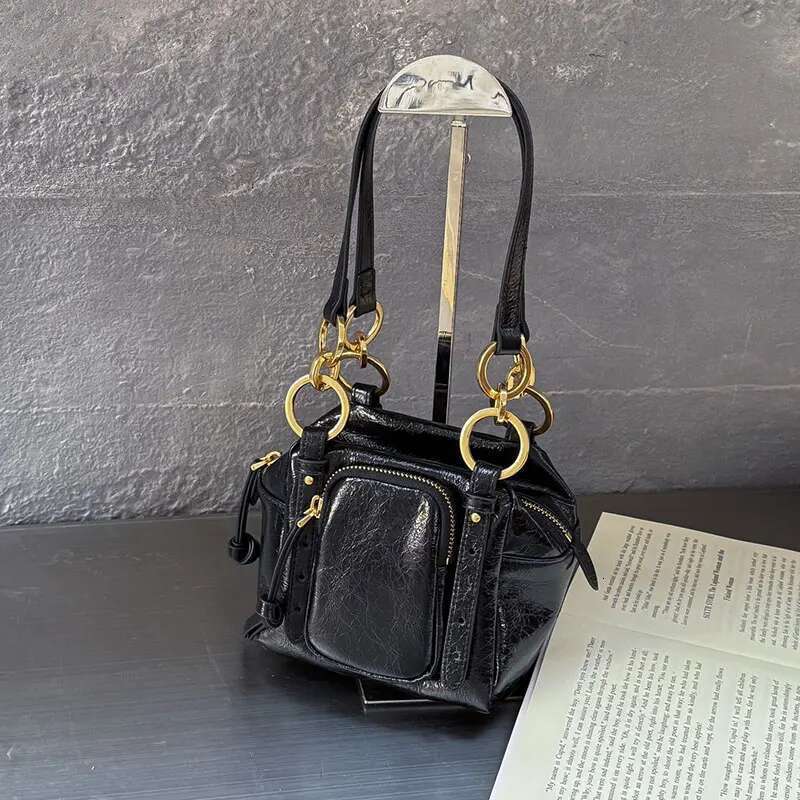 Retro Motorcycle Style Bucket Bag Oil Wax Leather Casual Single Shoulder Crossbody Handbag Wallet Ladies Coin Purse