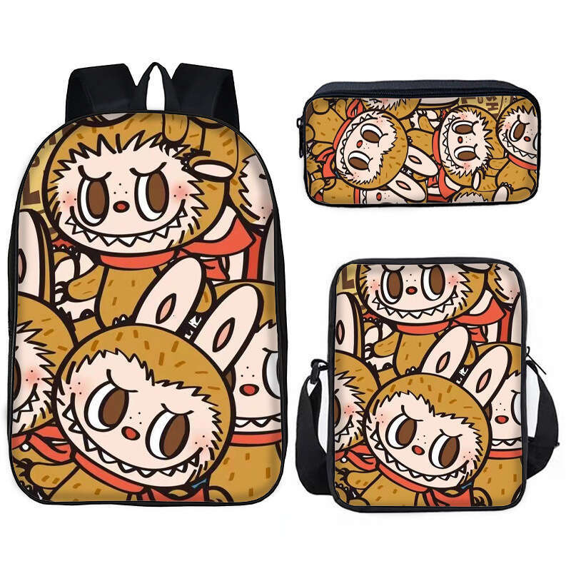 New Labubu Student Pullcloth Pattern Backpack Shoulder Pen Lunch Bag 3-Piece Set