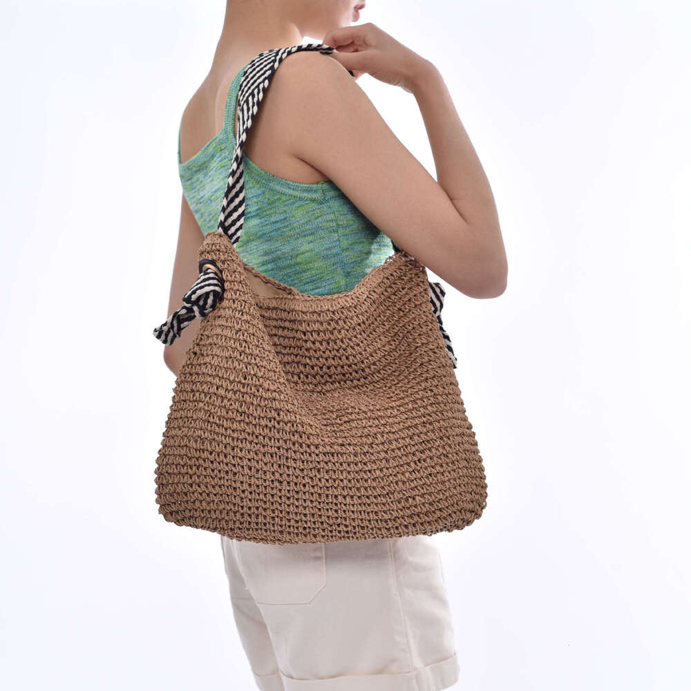 Handmade Beach Bag Navy Handmade Grass Woven Crochet Versatile Vacation Beach Ocean Style Black And White Strap Single Shoulder Women's Bag Kq2