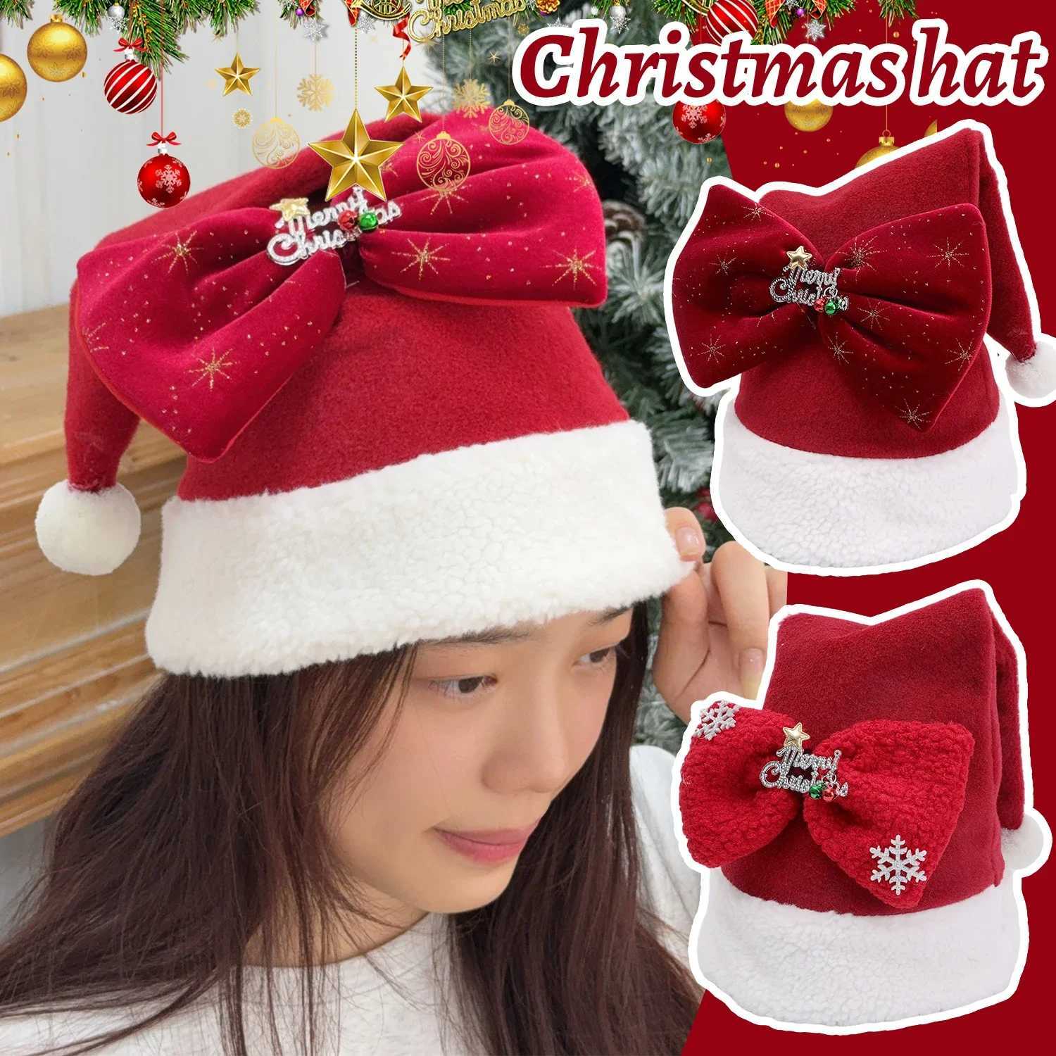 4/1x Soft Velvet Plush Large Bow Santa Claus Hat Caps Merry Christmas Hats for Women Adults Thickened New Year Party Decor Gift Y251115