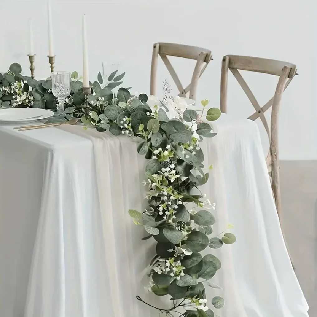 Lush 708 Faux Eucalyptus Garland With White Flowers - Perfect For Home Holiday Decor Wall Hanging Yard And Party AccentsM251115