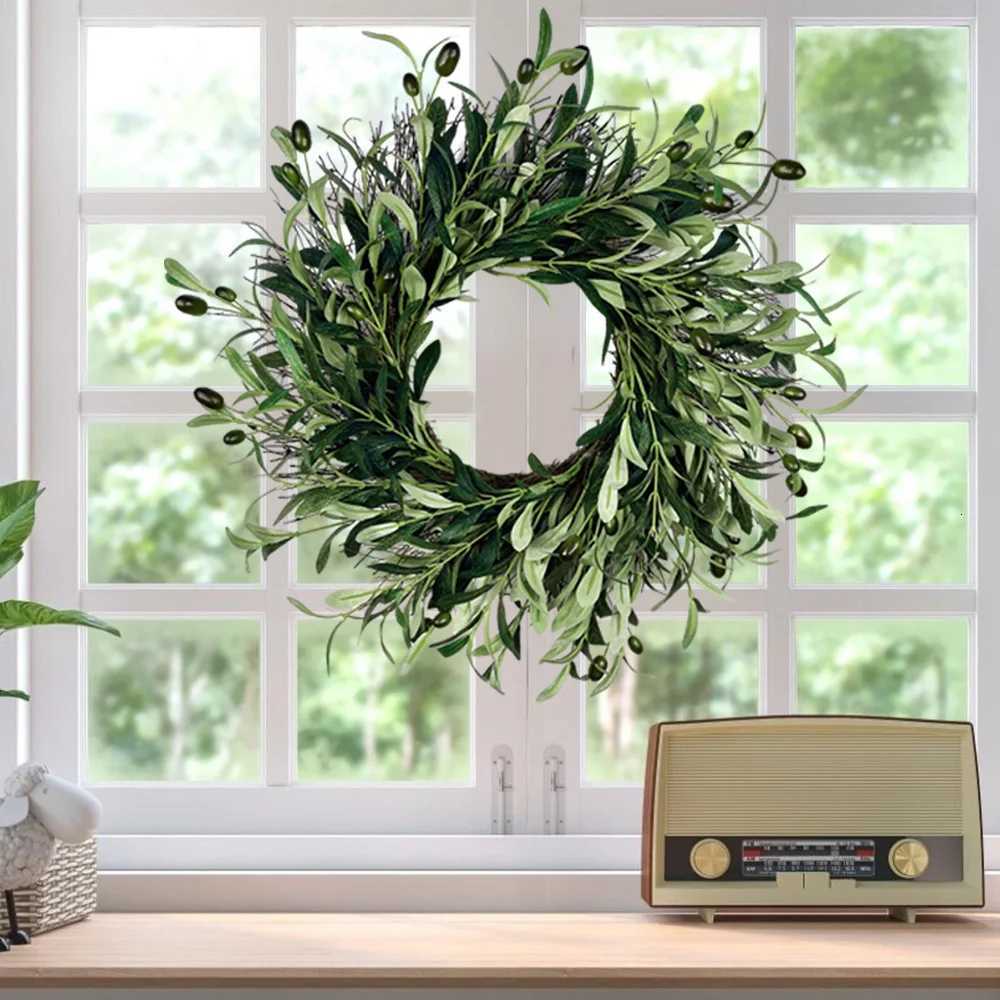 45cm Artificial Green Olive Wreath Greenery Wreath with Olive Leaves Olive Bean for Front Door Farmhouse Home Wall Window DecorM251115