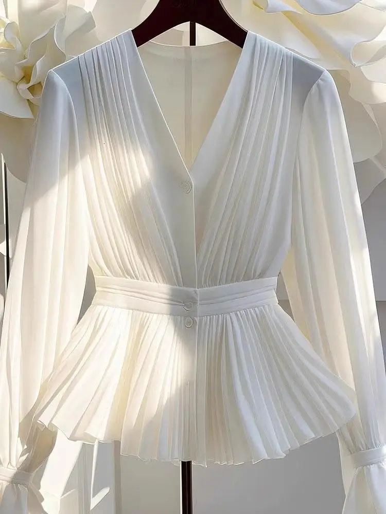 Youth Elegant Pleated White Long Sleeve Button Up Shirt Women V Neck Ruffle Tunic Basic Blouse Chiffon Lady Office Casual 250415