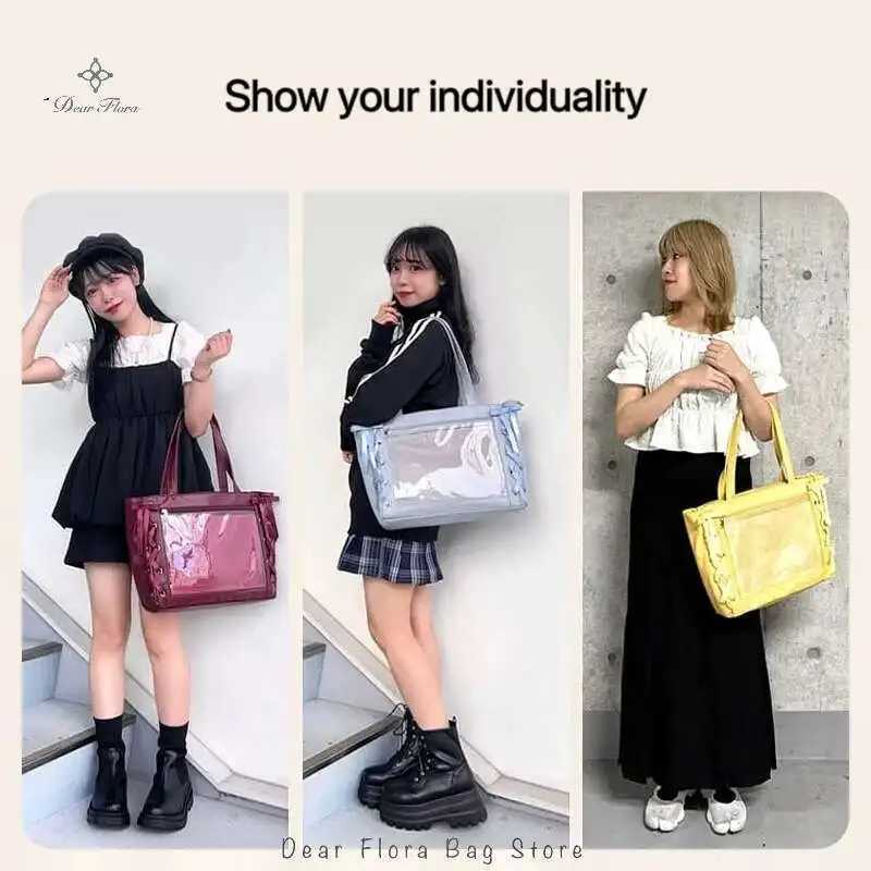 Japanese Sweet Womens Ribbon Ita Bag Cute Lolita Girls Transparent Handbag Fashion Large Capacity Handbag W250415