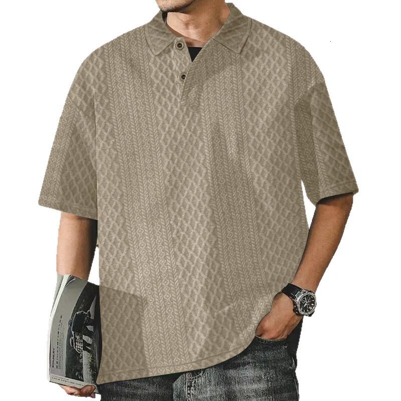 2025 short sleeved polo shirt men's summer knitted jacquard texture oversized loose lapel niche t-shirt