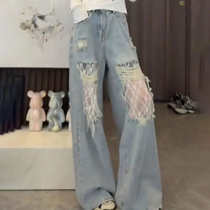 Womens open top jeans lace patchwork washing fashionable casual jeans womens fashion high waisted straight denim shorts 250415