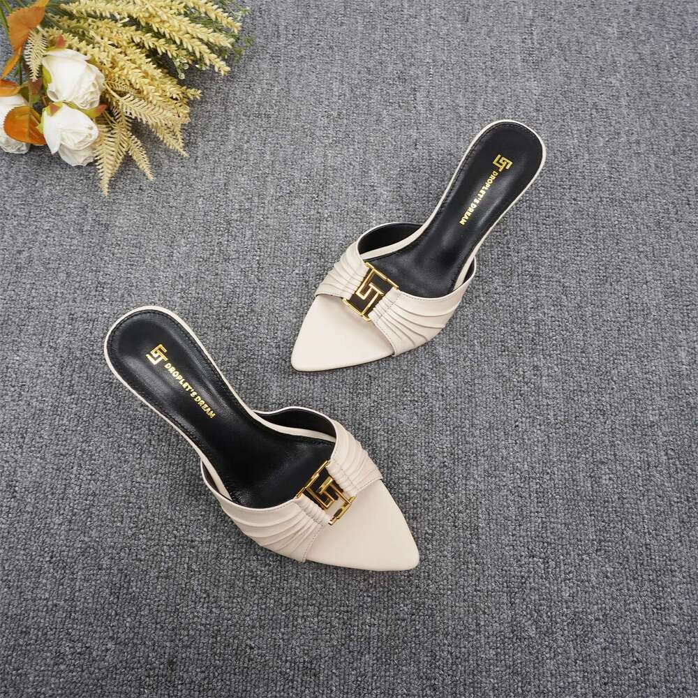 2024 Women's Summer New Pointed Fish Mouth High Heels Sexy Anti slip Outdoor Slippers GJ Metal Decorative Single Shoes