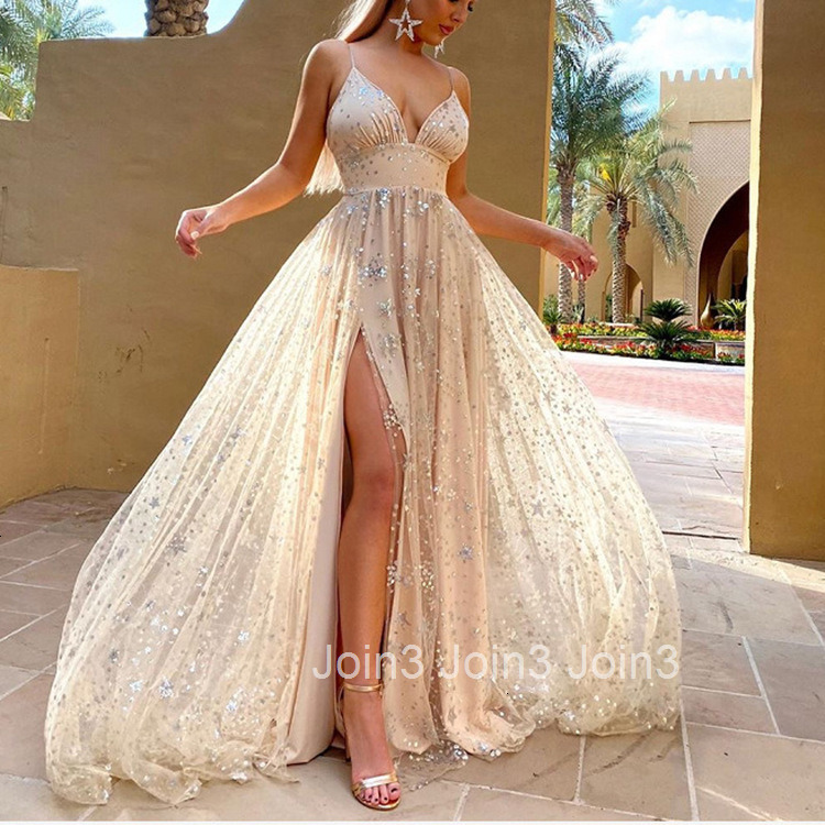 2025 Summer New Womens Suspender Long Dress with Waist Cinched Slit and Bright Chip Mopping Floor Swing Dress