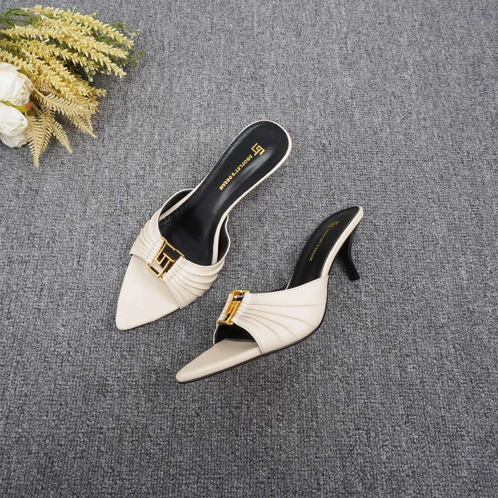 2024 Women's Summer New Pointed Fish Mouth High Heels Sexy Anti slip Outdoor Slippers GJ Metal Decorative Single Shoes