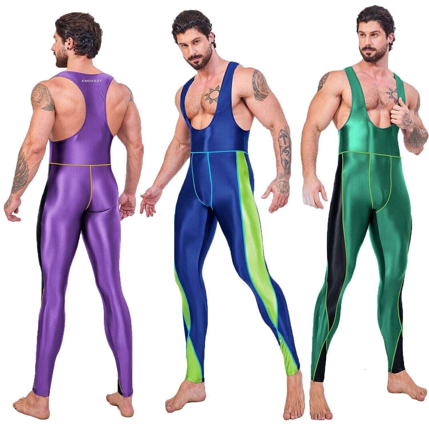 Men's Tracksuits AMORESY Jumpsuits Shiny Cycg Sports Tights Overalls Suits