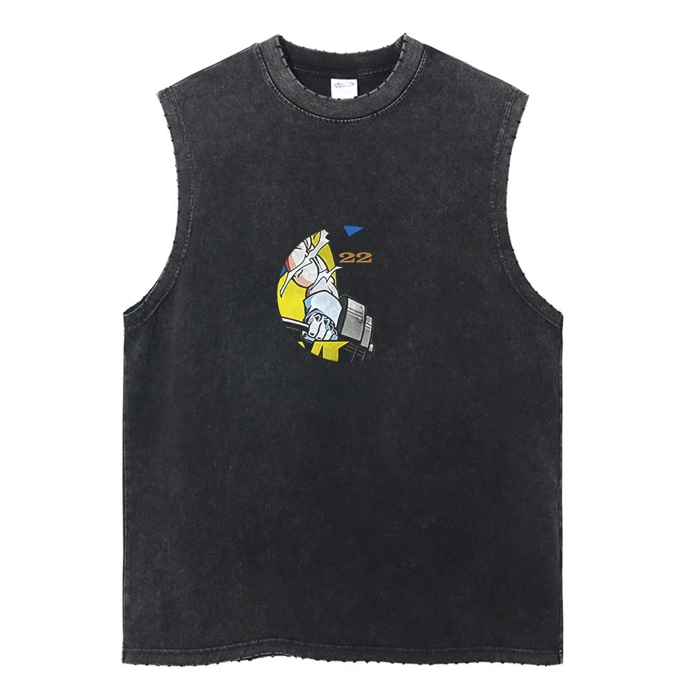 Harajuku Streetwear Washed Anime Print Tank Tops Fashion Ripped Casual Vest Men Summer Sleeveless Cotton Vintage Vest Tee Unisex 250415