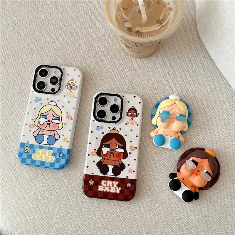 Korean Cute Plaid Pattern Girl Magnetic Phone Case For iPhone 16 Pro 15 14 Pro Max Cover with Stand Holder For J251202