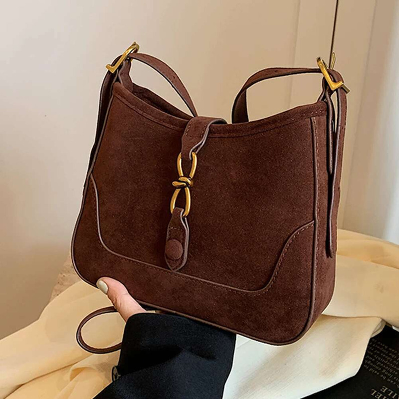 Faux Suede Shoulder Retro Satchel Large Capacity Stylish Crossbody Solid Color Adjustable Strap Simple Commuting Bag