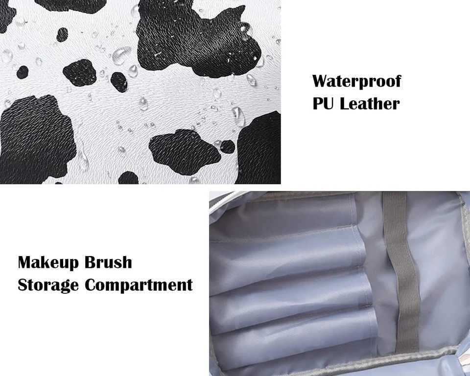Cow Print Waterproof Makeup Bag - Womens Travel Toilet Organizer with Handle Cow Pattern Makeup Storage BagXJ250415