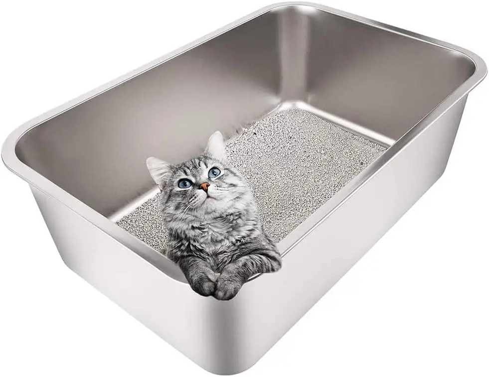 Steel Litter Box for Cat and Rabbit Large Size with 8in High Sides and Non Slip Rubber Feet. Odor Control 250414
