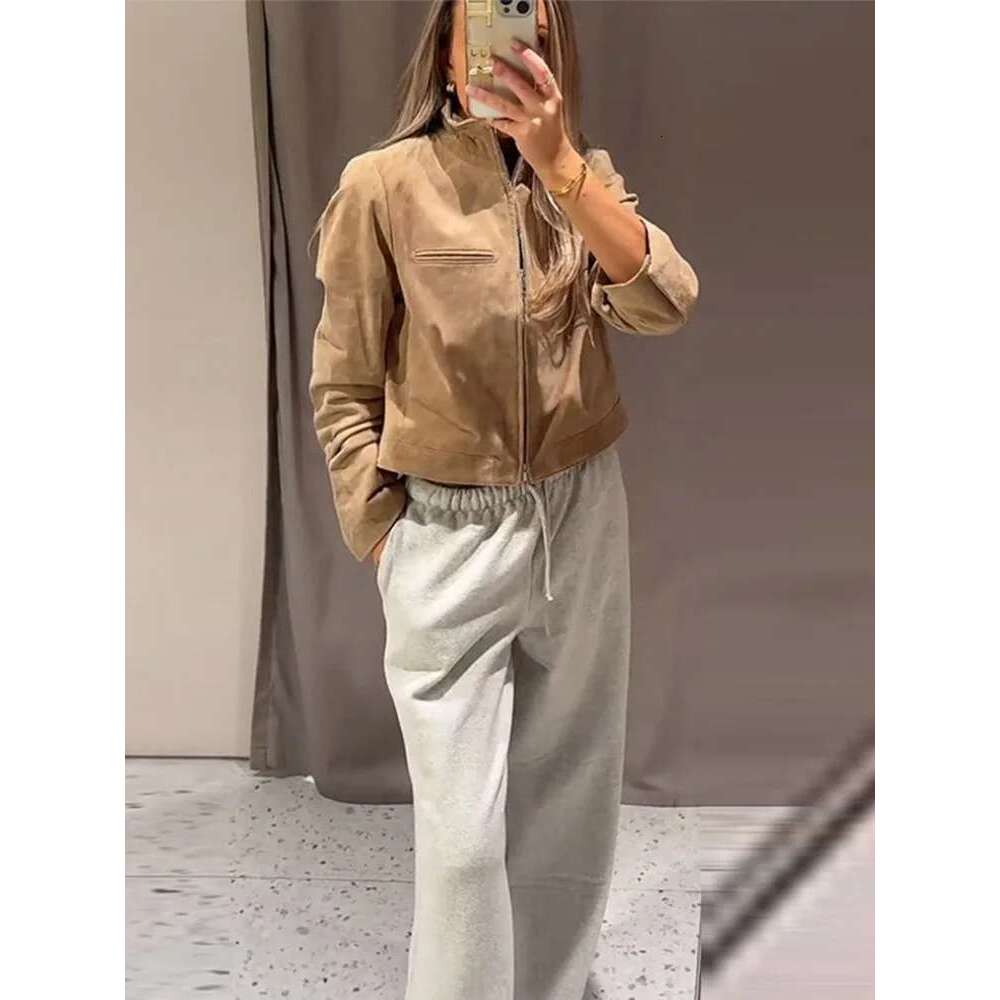 Designer Clothes Stand Collar Suede Zipper Short Jackets Women Casual Slim Brown Long Sleeved Jacket Female Spring Chic Daily Style Outwear Tops