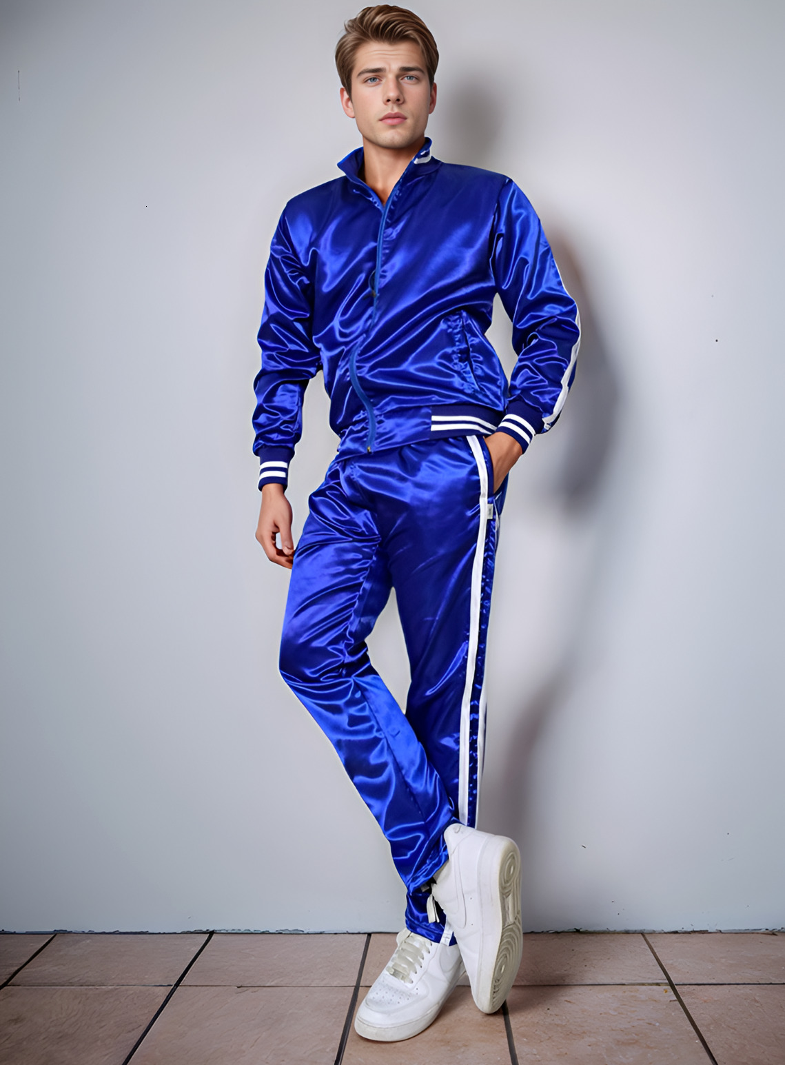 Blue Shiny Royal Satin Tracksuit with White tripes for men and women