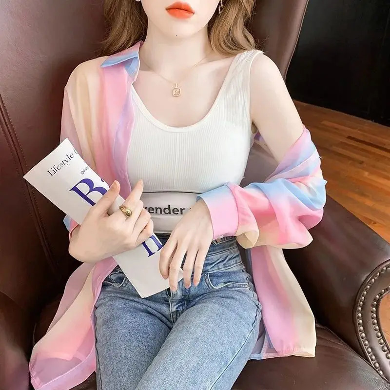 Turn-down Neck Long Sleeved Shirt And Blouses Gradient Rainbow Color See-through Thin Women Clothing Loose Top Shirt Casual 250415
