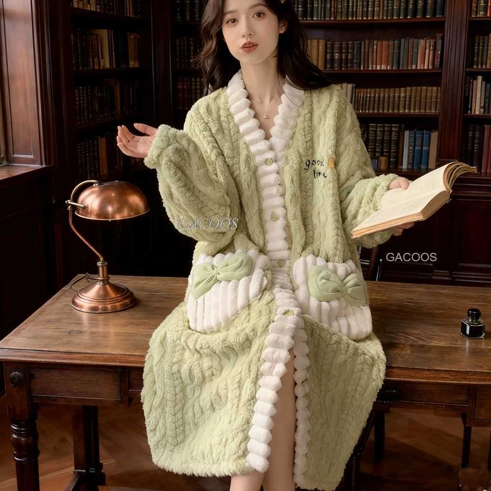 New Cute Nightgowns Warm Bathrobes for Women Pajamas Thick Coral Velvet Bowknot Soft Sleepwear Korean Girls Flannel Long Robe C251115