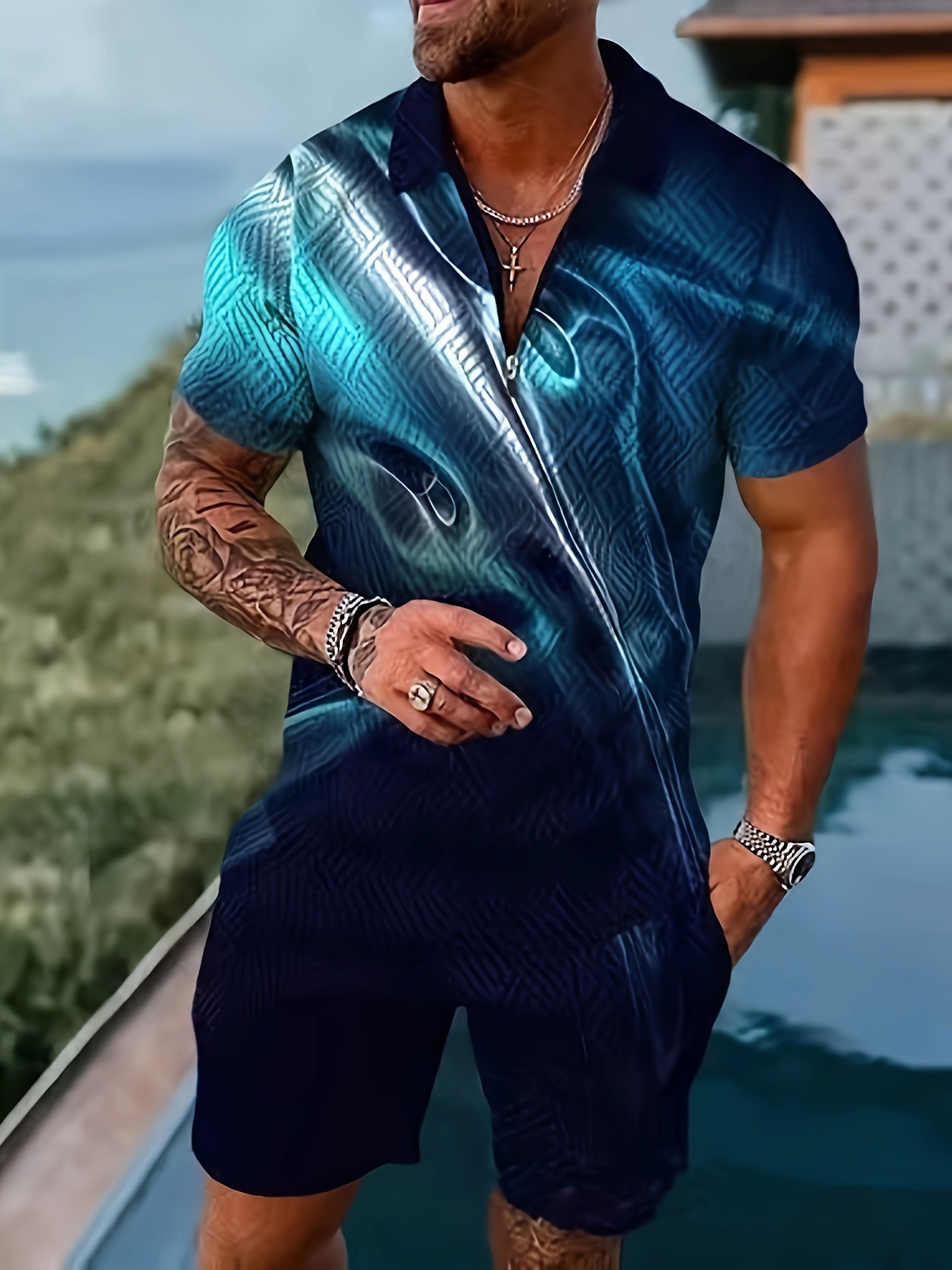 Summer mens 3D printed polo shirt set with collar short sleeved pullover mens T-shirt+two-piece set