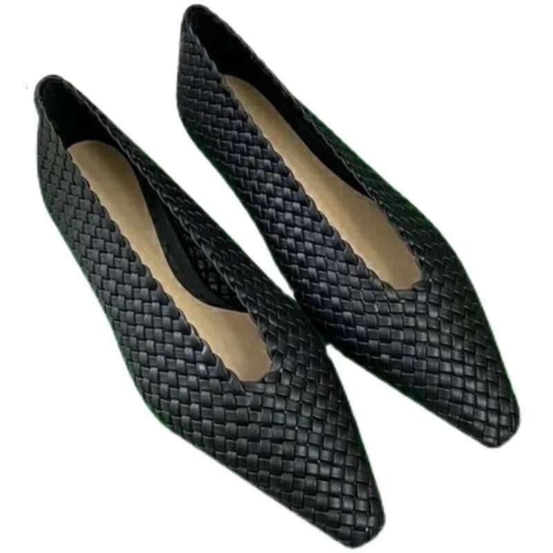 C350 New 2025 Spring Summer Knitted Flat Shoe Cow Leather Women Leisure Flats Comfortable Ladies Pointed Toe V Design Lady Shoes