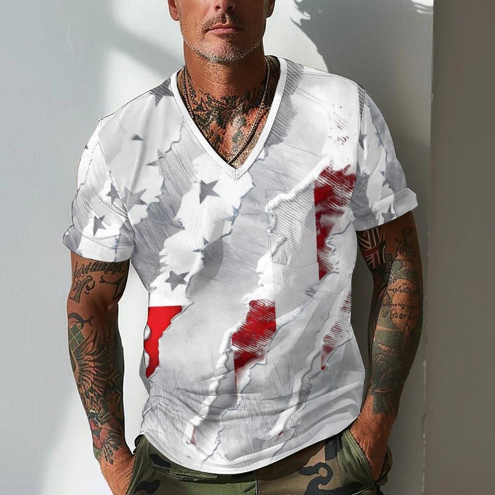 Men's heart-shaped collar V-neck graffiti printed casual T-shirt short sleeved men's clothing