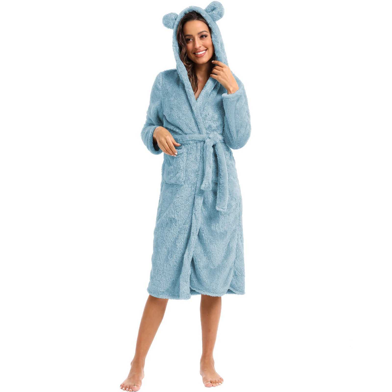 Womens Winter Plush Hooded Robe Home Clothes Sleepwear Long Sleeve Casual Waist Strap Warm Sleepwear Home Clothes C251115