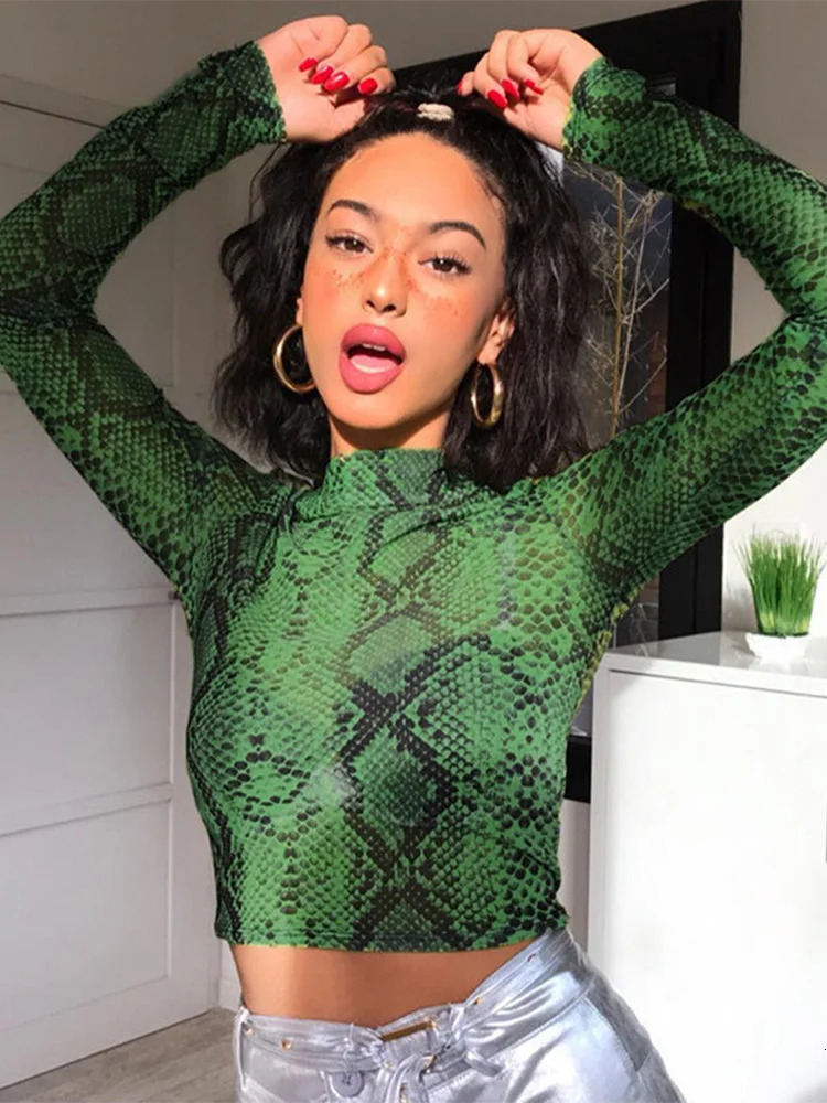 Casual Green Snake Print T Shirt Women Mesh Top Long Sleeve Transparent Snakeskin Female T-shirt High Neck Crop Tops 250415