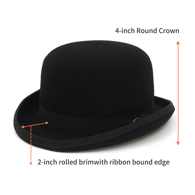 100% Wool Felt Black Derby Bowler Hat for Men Women Satin Lined Fashion Party Formal Fedora Costume Magician Cap 250407