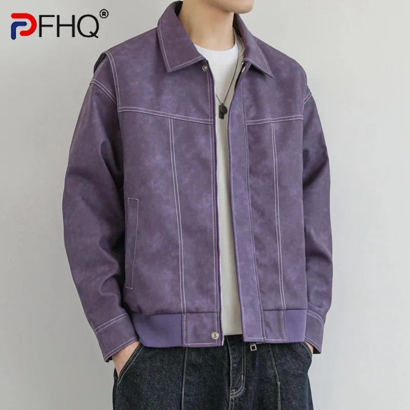 PFHQ American Style Lapel PU Leather Jacket Mens Solid Color Long Sleeve Trun-down Collar Streetwear Male Tops 21Z6039 250409