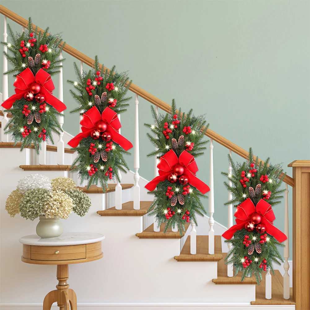 Artificial Hanging Stairs Garland with PineconesBowknot Bells Christmas Wreath Pendants Xmas Tree Ornament for Stair Door DecorM251115