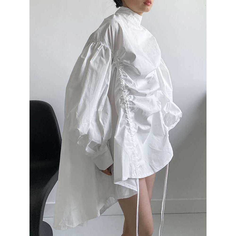 EAM Women Irregular Drawstring Big Size White Blouse New Stand Collar Long Sleeve Shirt Fashion Tide Spring Autumn 2025 1Z189