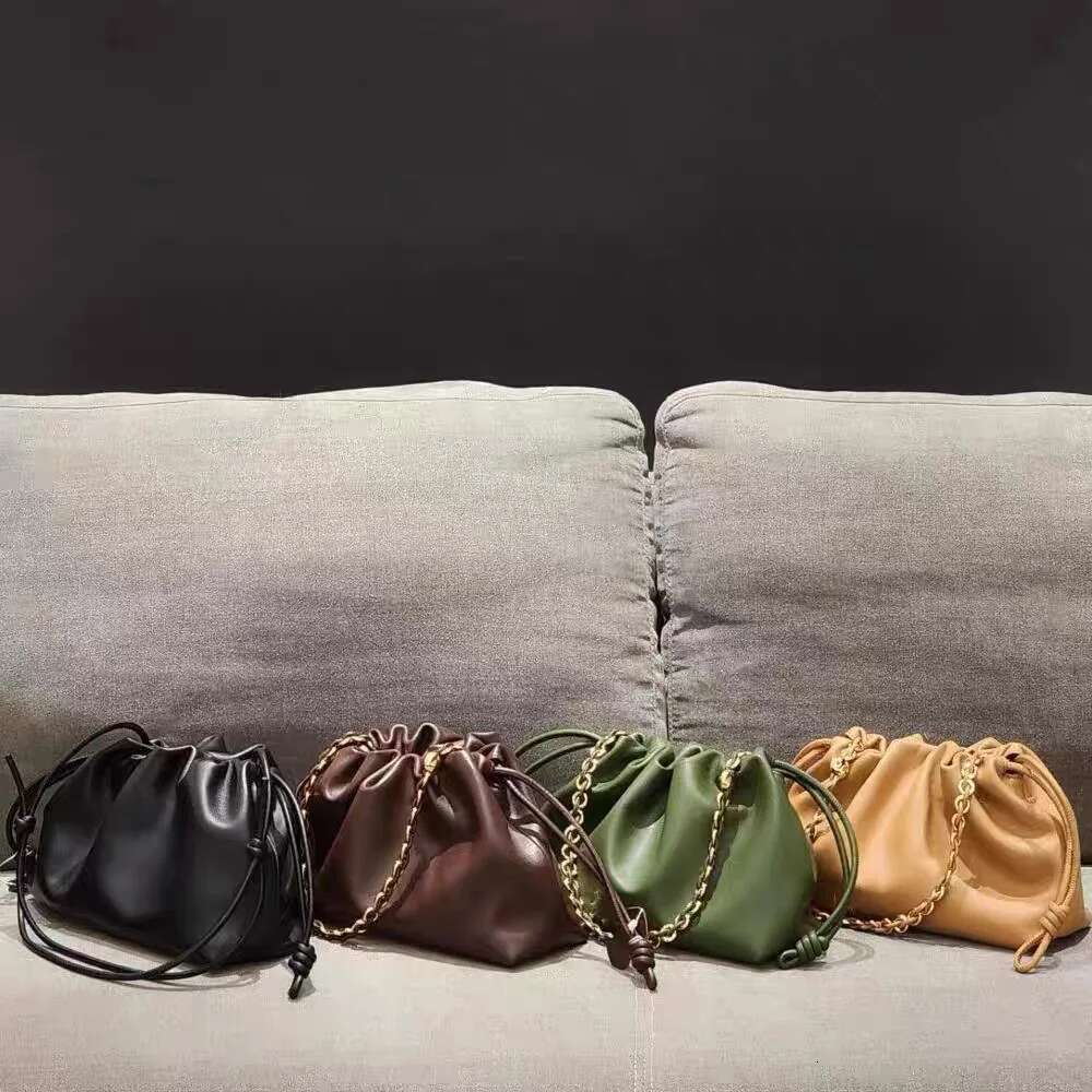 Chain Drawstring Handbags For Women Design Cloud Shoulder Genuine Leather Soft Dumpg Bucket Bag Elegant Purse Lady