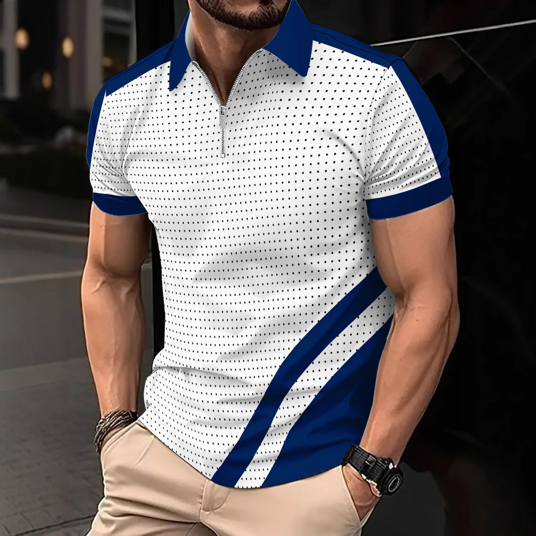 Summer Printed Zipper Polo Shirt Mens Fashion Sports Polo Shirt