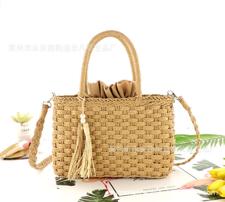 Handmade Beach Bag New Pearl Tassel Woven Hand-Held Diagonal Fashion Women's Beach Bag, Paper Rope Three Strand Braided Bag Kq2