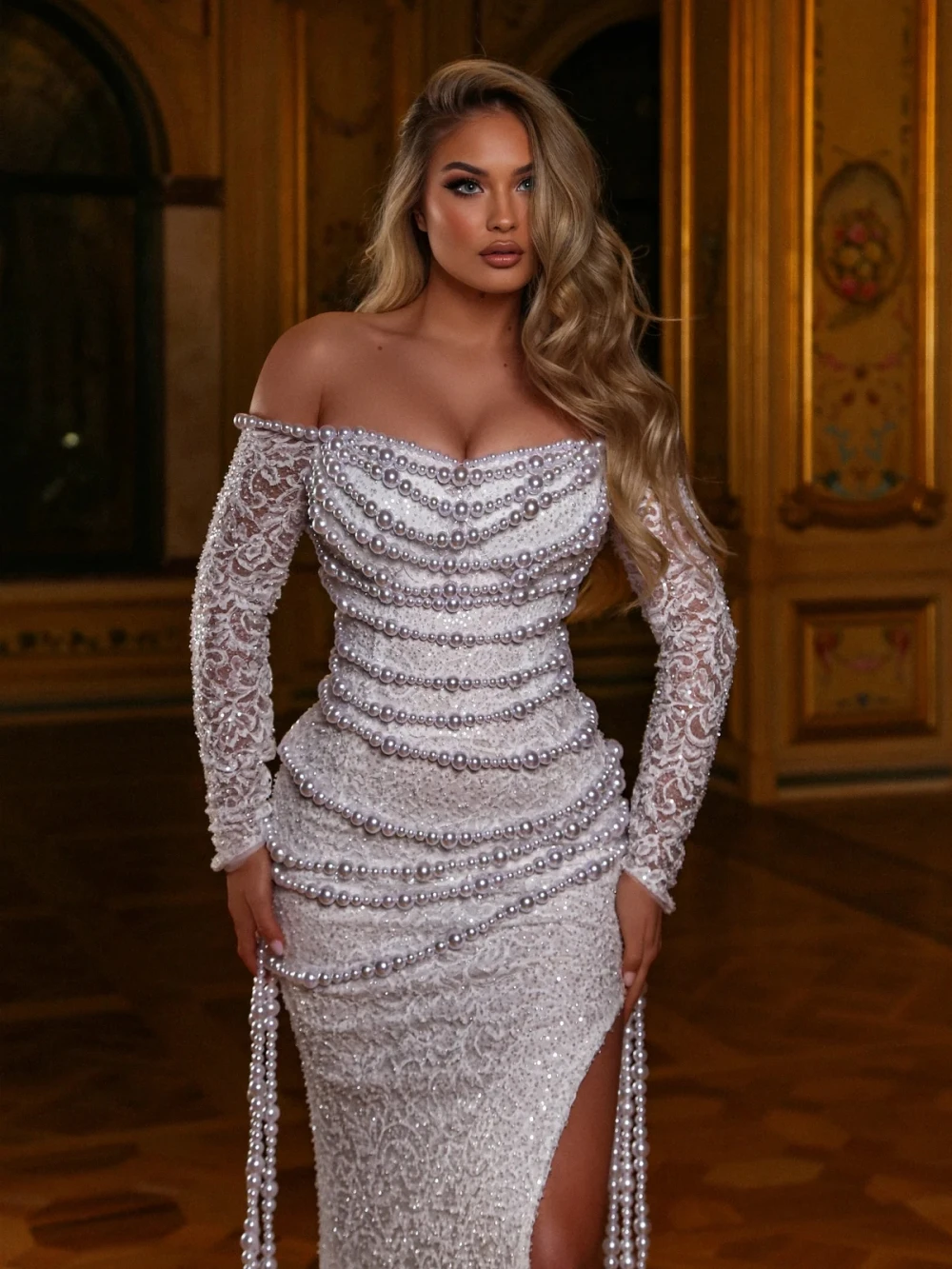 Elegant A Line Women Wedding Dress Off Shoulder Long Sleeves Bridal Gowns Sequins Pearls Beading Split Side Sweep Train Dress Custom Made